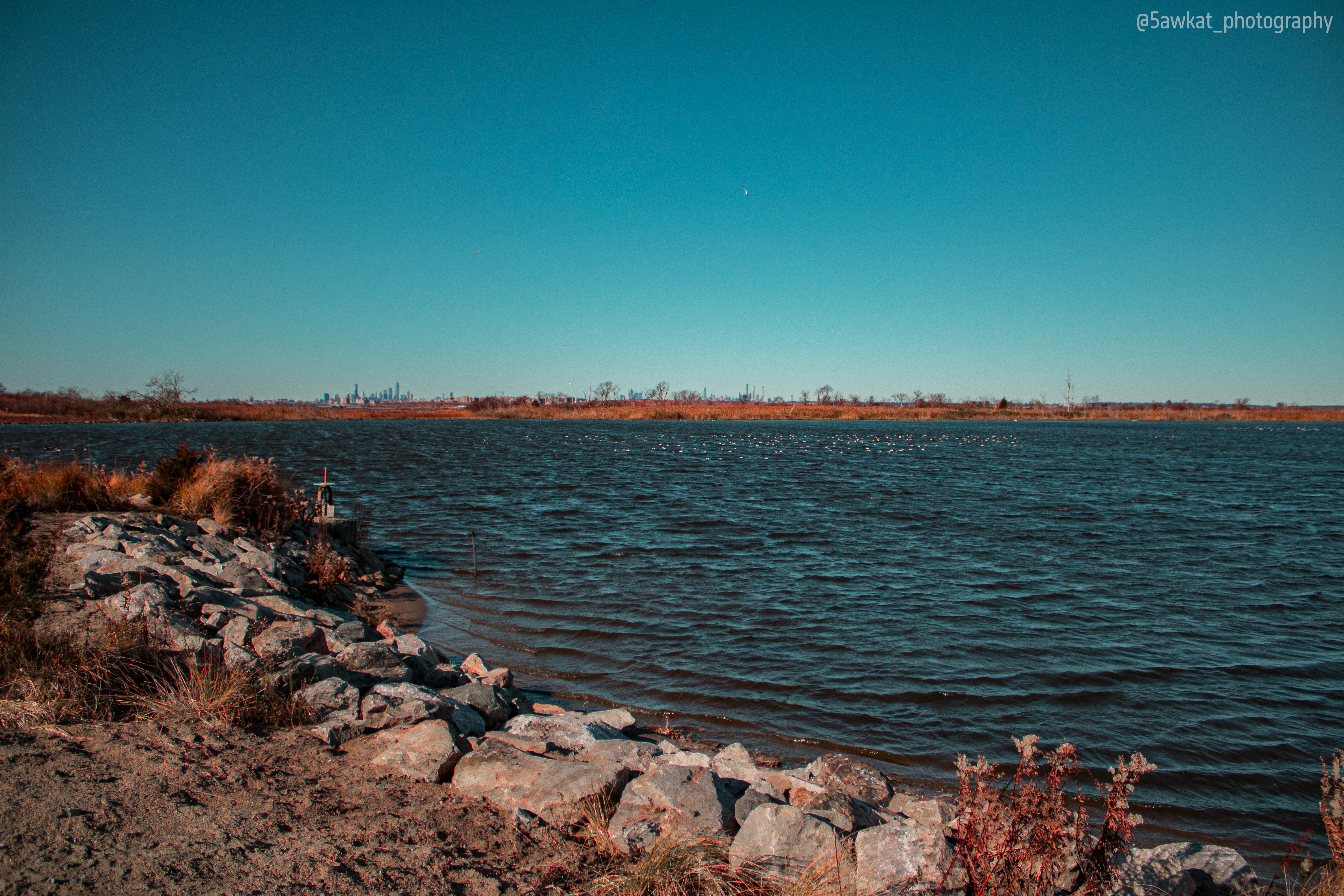 A lake with waves overlooking the horizon